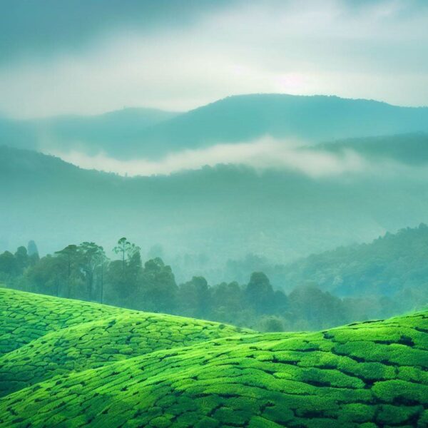 A landscape of Coorg, a hill station in Karnataka, India, with green hills, tea plantations, and misty clouds