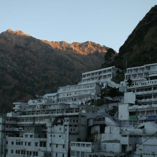 A view of the Mata Vaishno Devi Bhawan, a Hindu temple complex located in the Trikuta Mountains of Jammu and Kashmir, India.