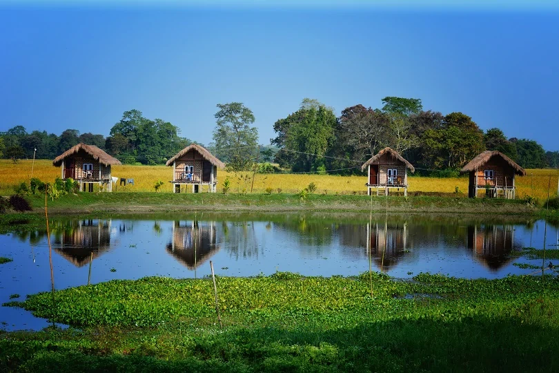 Aerial view of Majuli Island, the largest river island in the world, located in the Brahmaputra River in Assam, India.