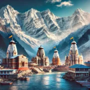 Scenic view of the Chardham temples—Badrinath, Kedarnath, Gangotri, and Yamunotri—set in the majestic Himalayas, showcasing the spiritual essence of the sacred pilgrimage in Uttarakhand, India