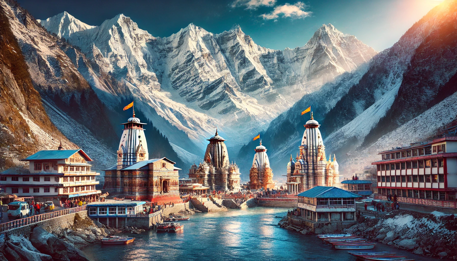 Scenic view of the Chardham temples—Badrinath, Kedarnath, Gangotri, and Yamunotri—set in the majestic Himalayas, showcasing the spiritual essence of the sacred pilgrimage in Uttarakhand, India