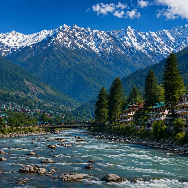 Beautiful river valley with snow covered mountains in Shimla Manali Himachal Pradesh